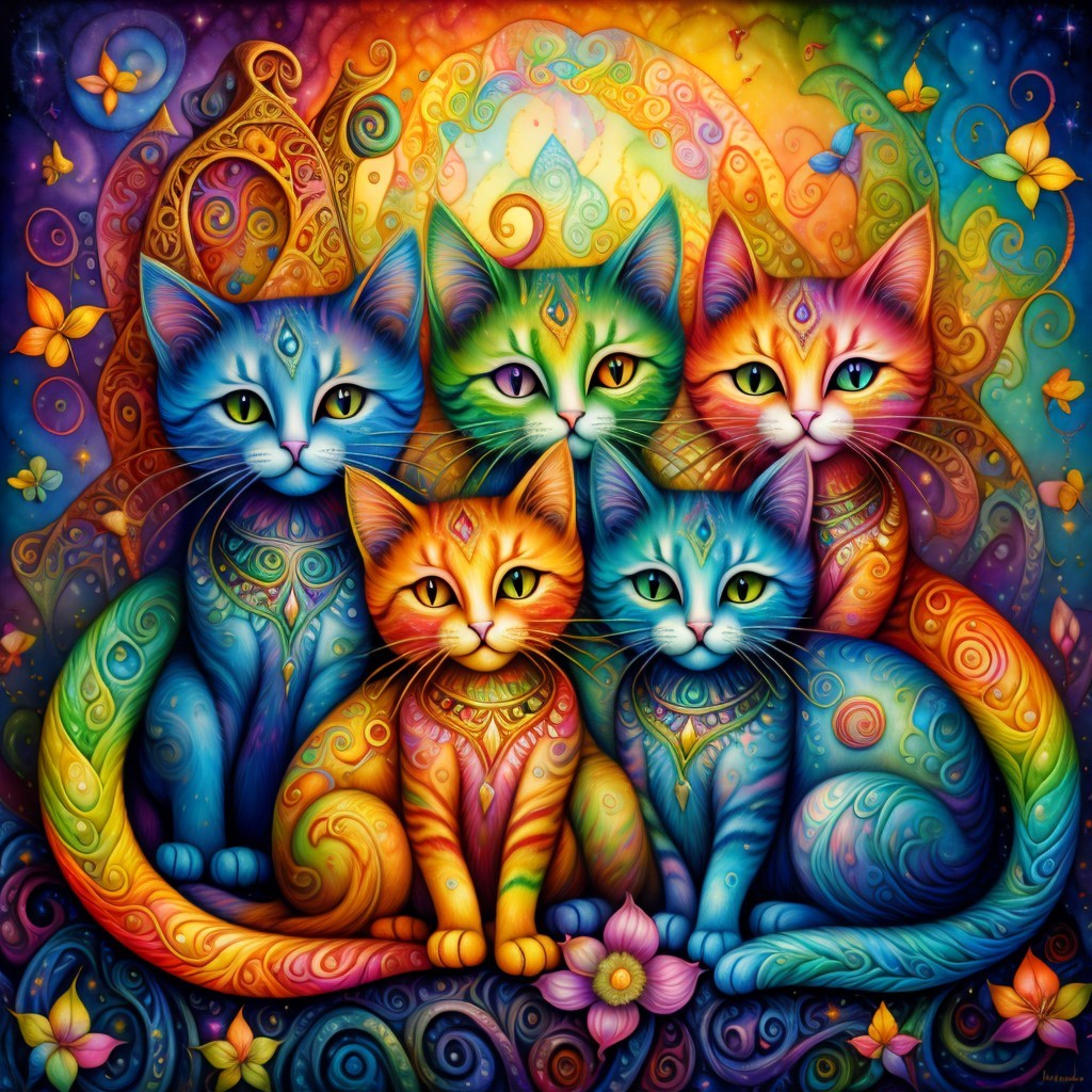 Psychedelic Illustration of Colorful Cats with Patterns