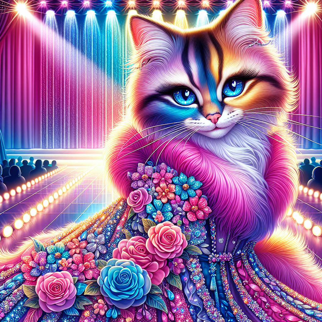 Glamorous Cat on Fashion Runway in Sparkling Gown