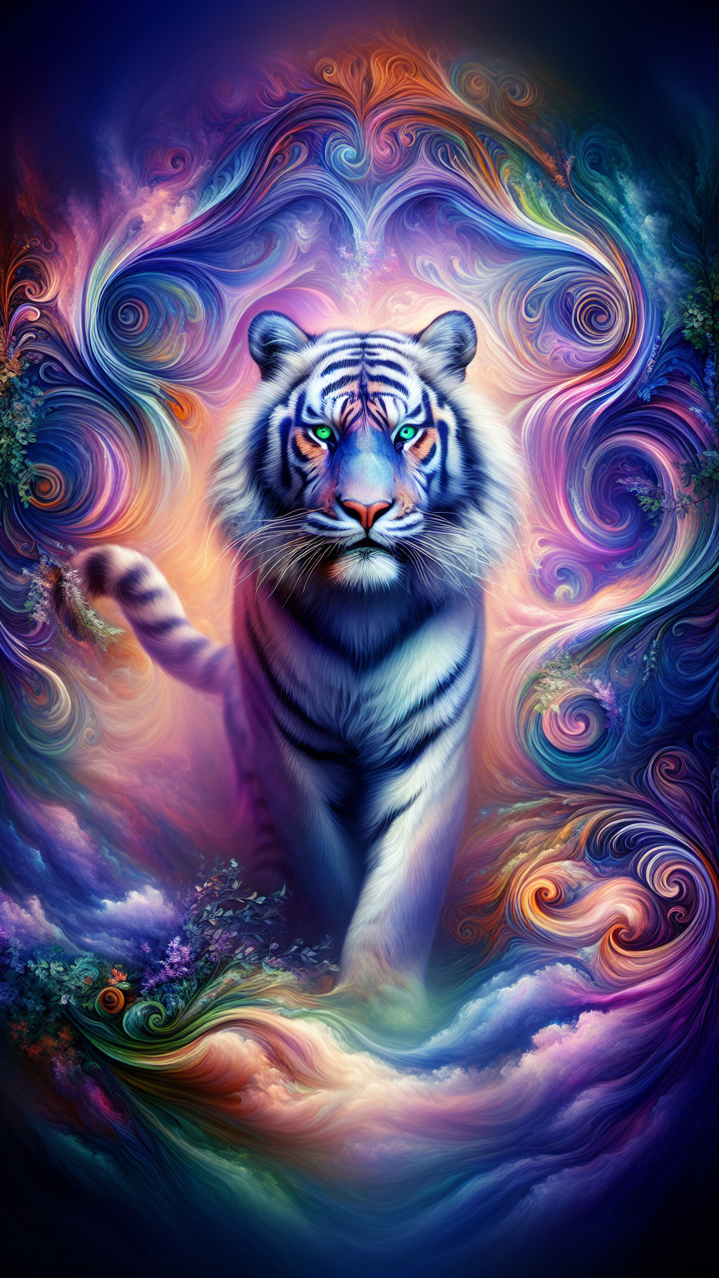 Majestic white tiger in a vibrant, colorful background