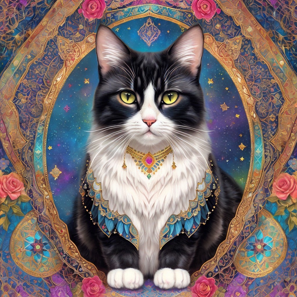 Black and white cat with jewels on ornate background