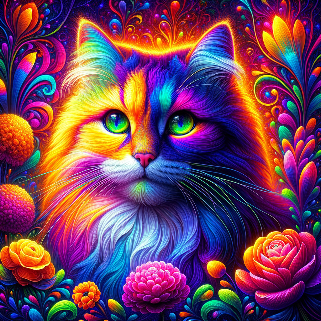 Psychedelic Art of a Colorful Fluffy Cat with Flowers