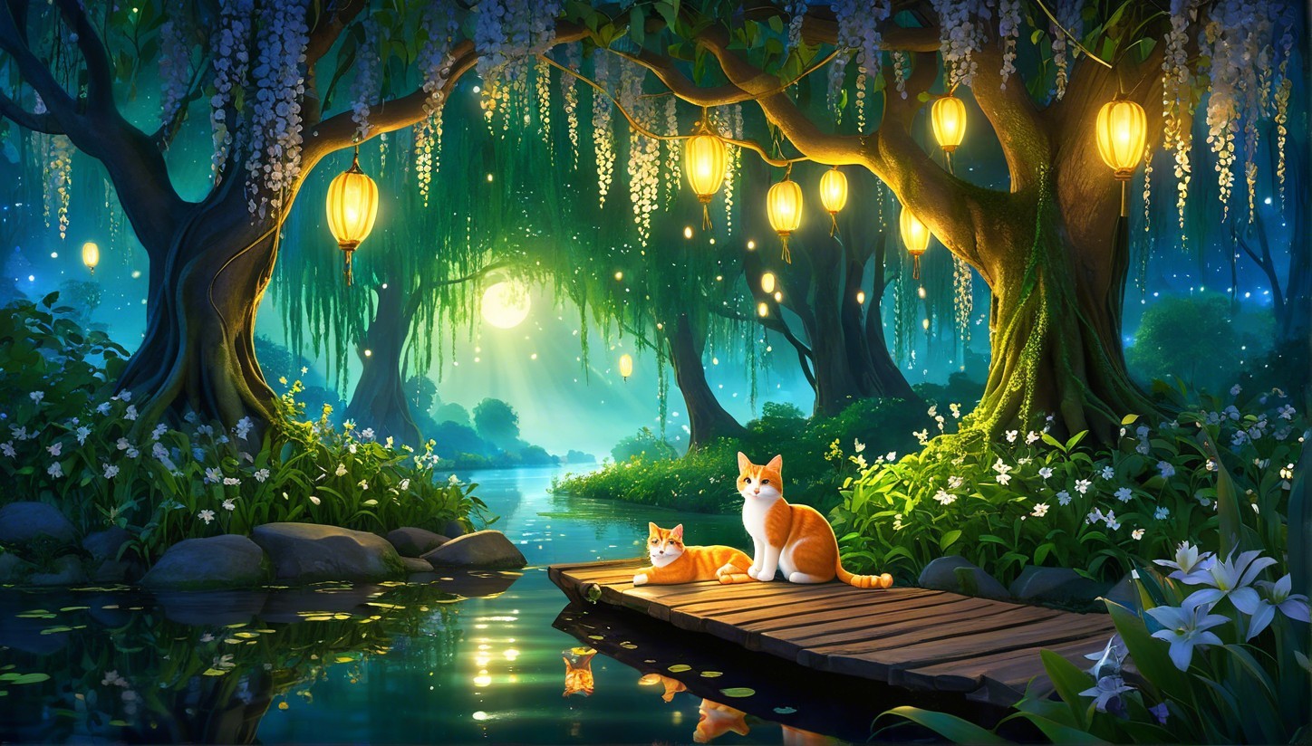 Orange and white cats by a glowing enchanted river