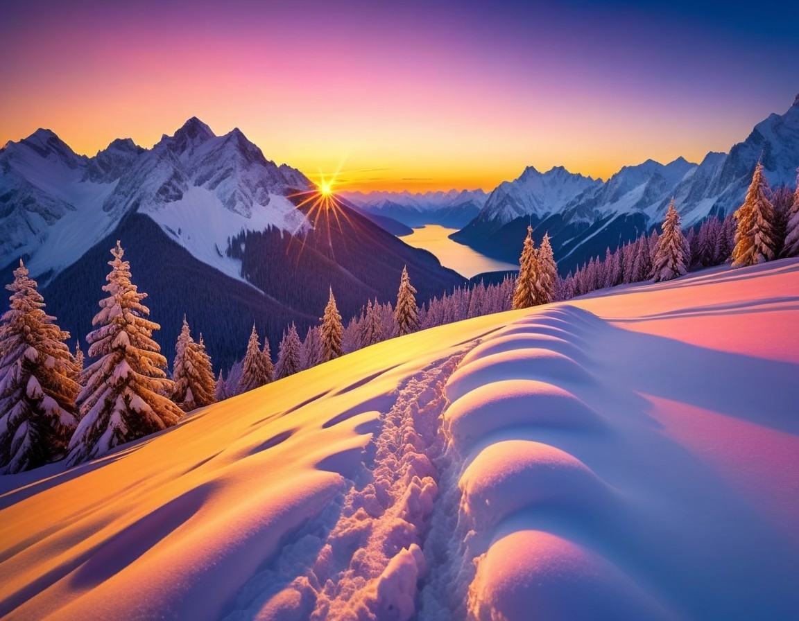 Winter Landscape with Snow-Capped Mountains and Sunset