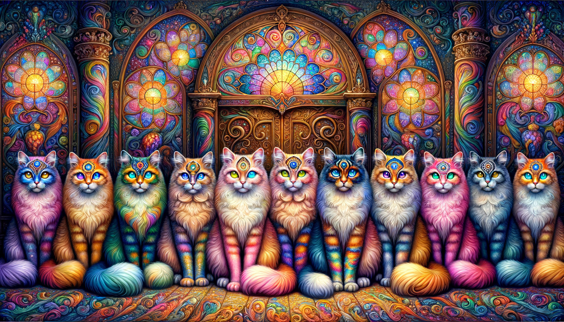 Colorful Cats Tapestry with Stained Glass Background
