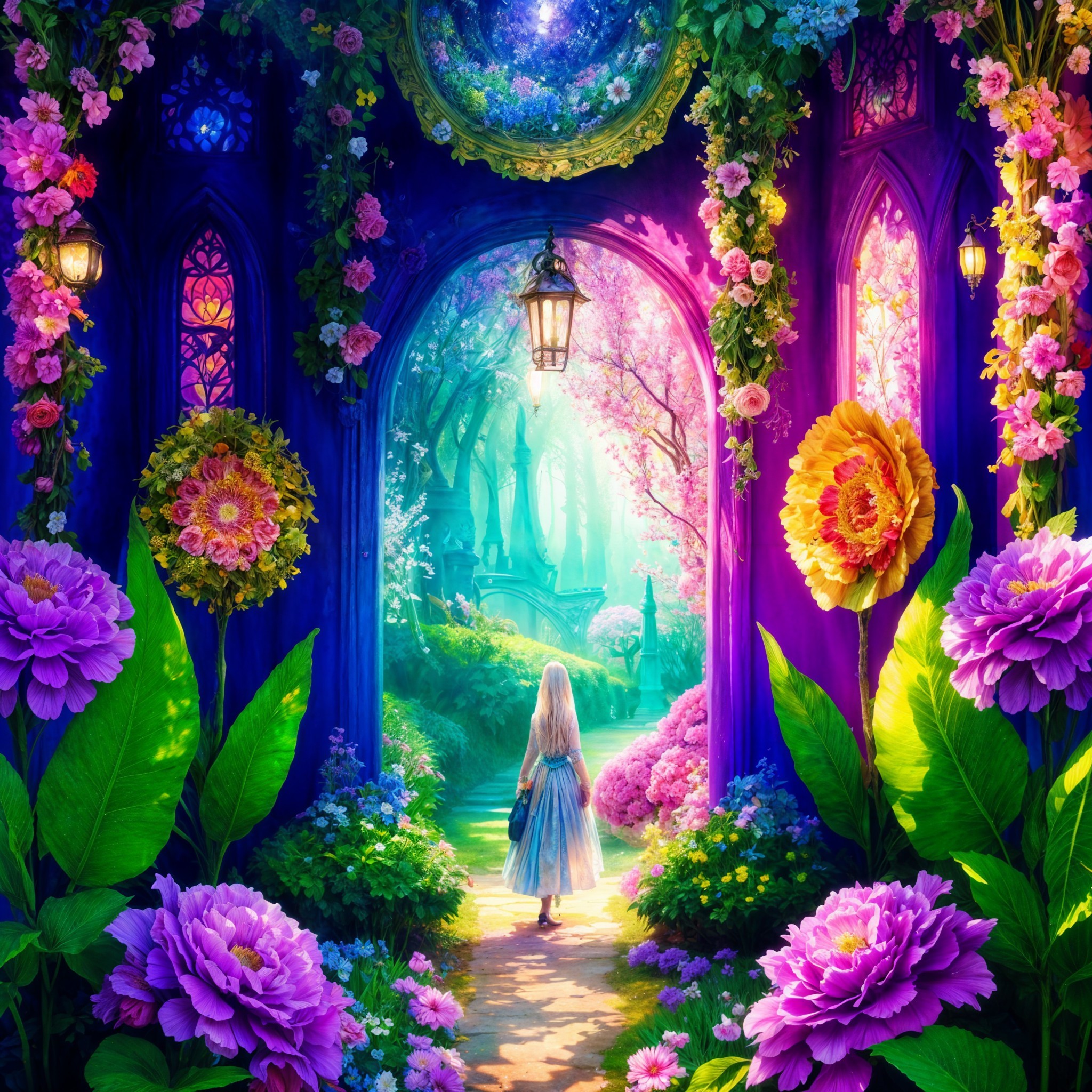Whimsical Garden Path with Vibrant Flowers and Lanterns