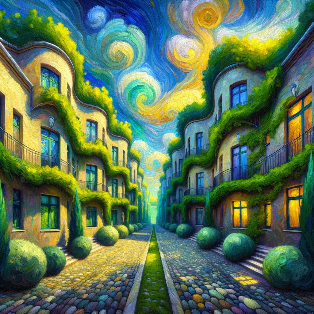 Vibrant Dreamlike Scene with Curvilinear Buildings