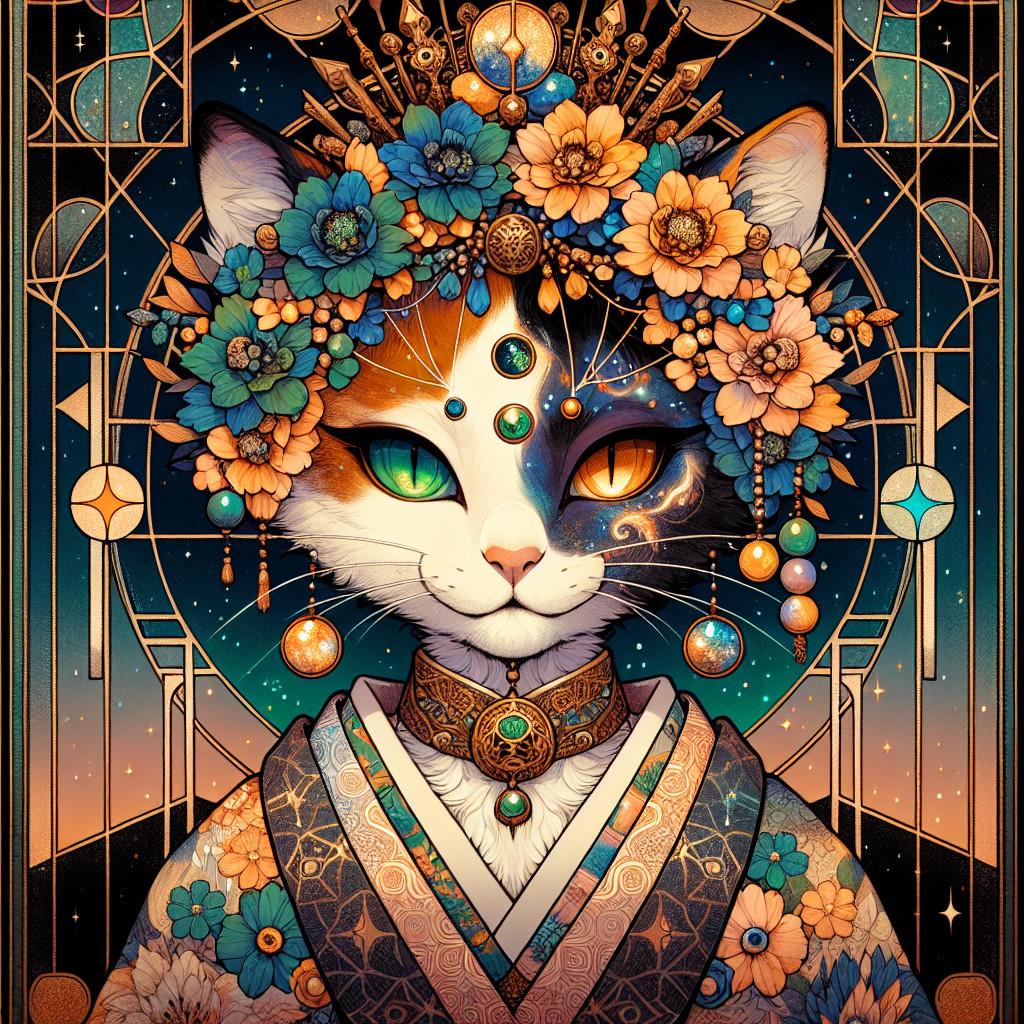 Illustrated Cat with Split Face and Floral Crown