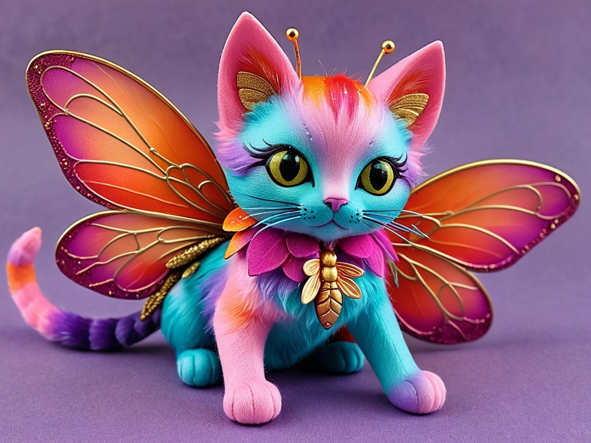 Whimsical Feline Figure with Colorful Butterfly Wings