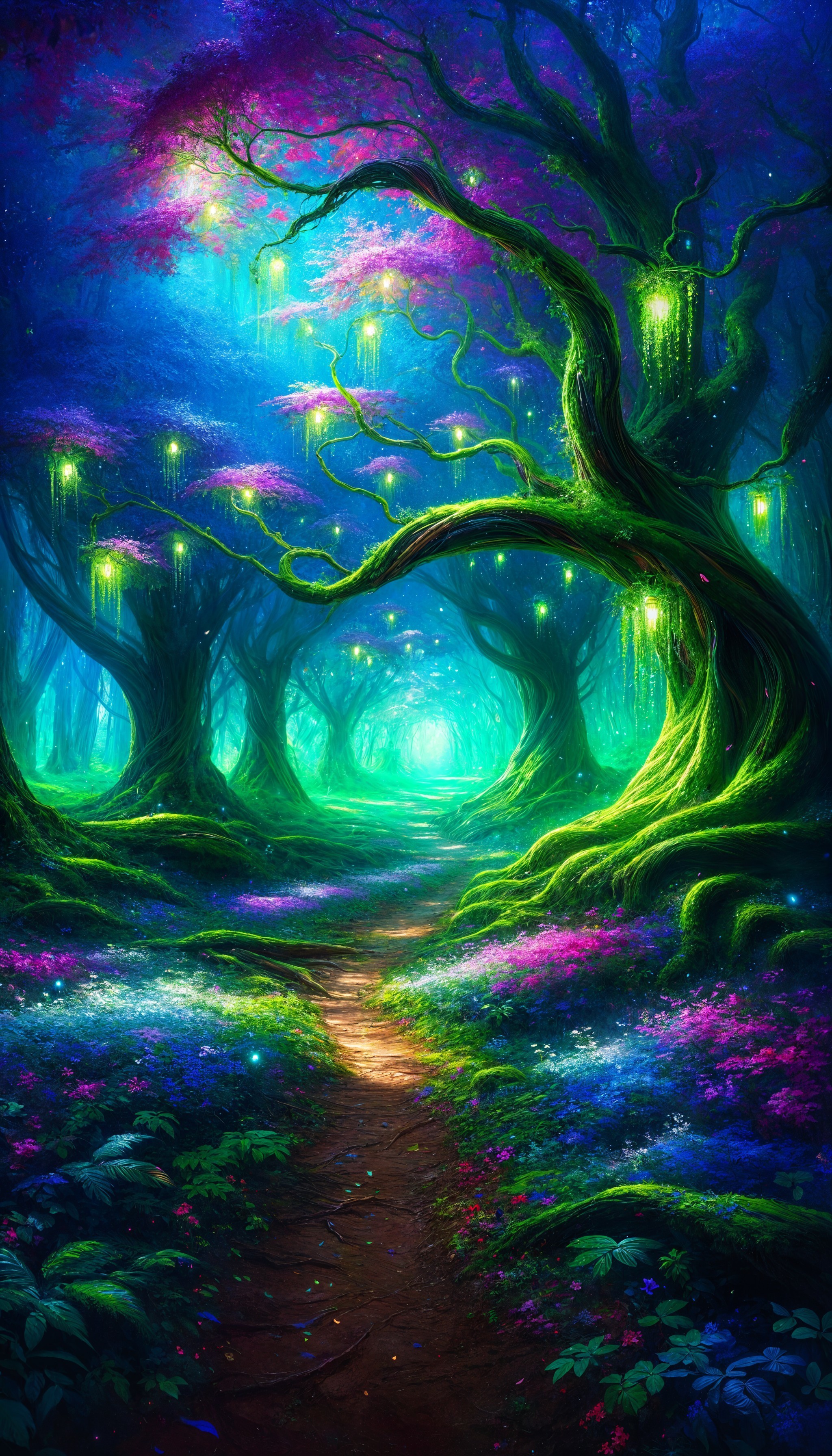 Magical forest scene with glowing orbs and vibrant trees
