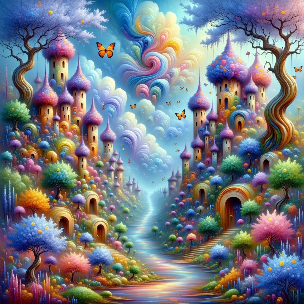 Vibrant Fantasy Landscape with Colorful Castles and Nature