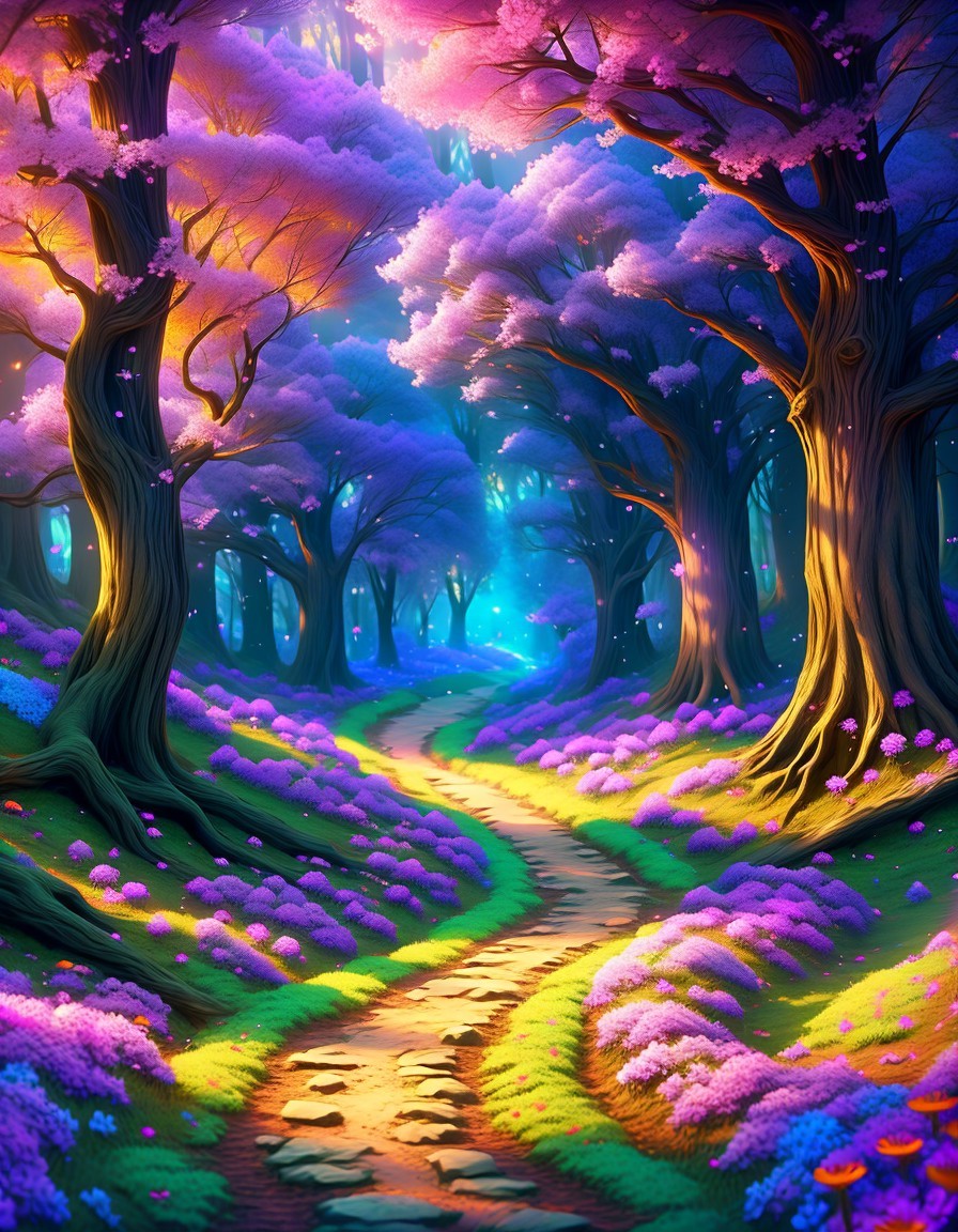 Enchanting forest with vibrant trees and blooms
