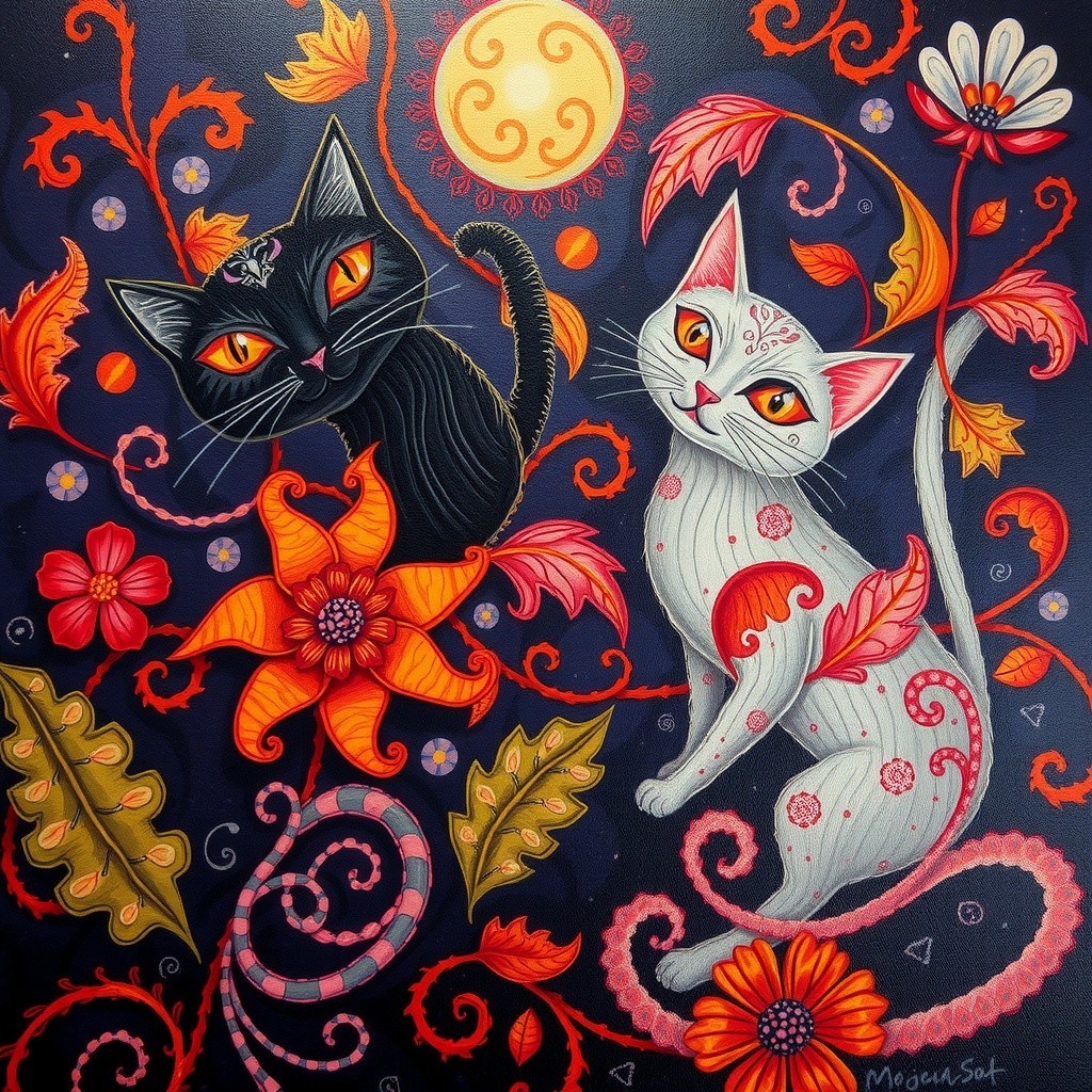 Whimsical Cats Surrounded by Vibrant Flowers and Sun