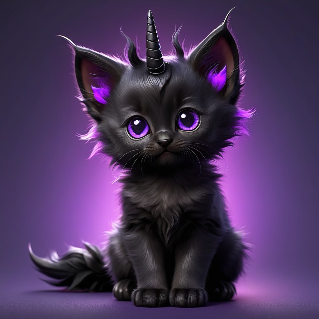 Fantasy Black Kitten with Unicorn Horn and Purple Eyes