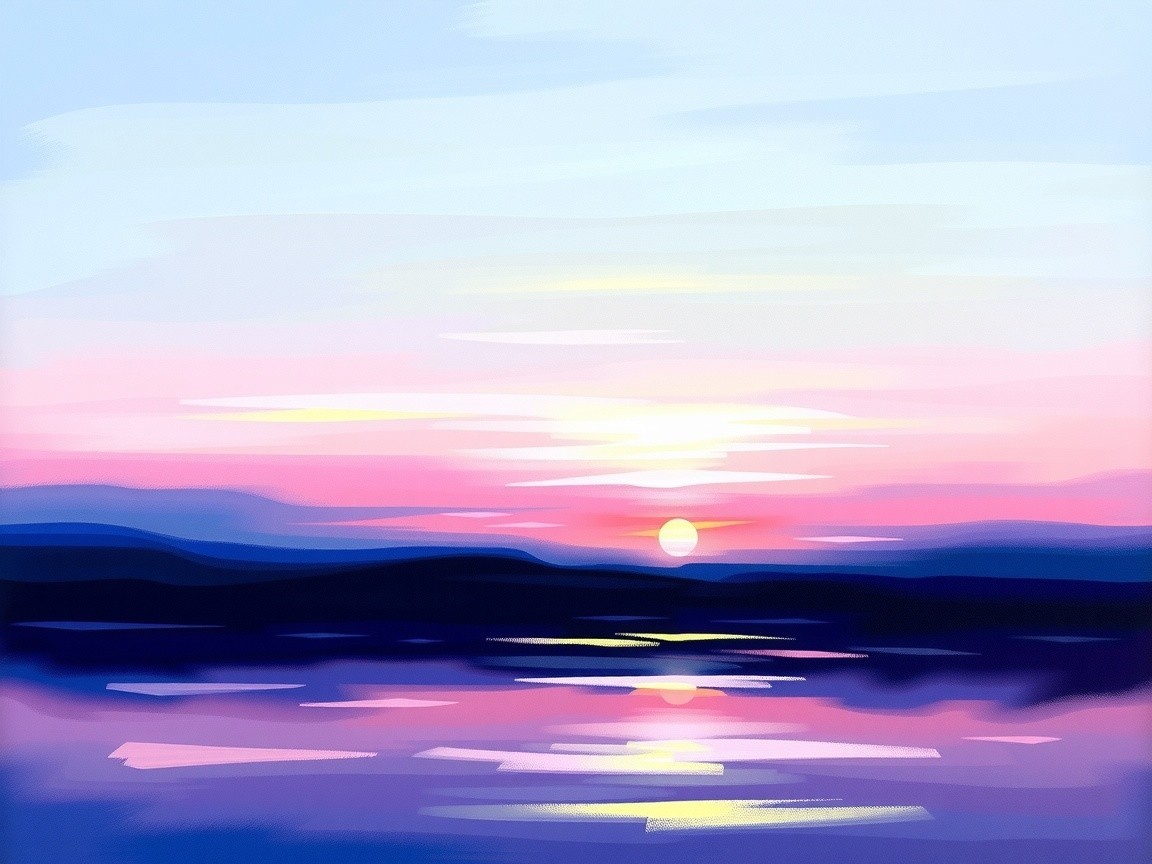 Serene Pastel Landscape of Sunset Over Calm Lake