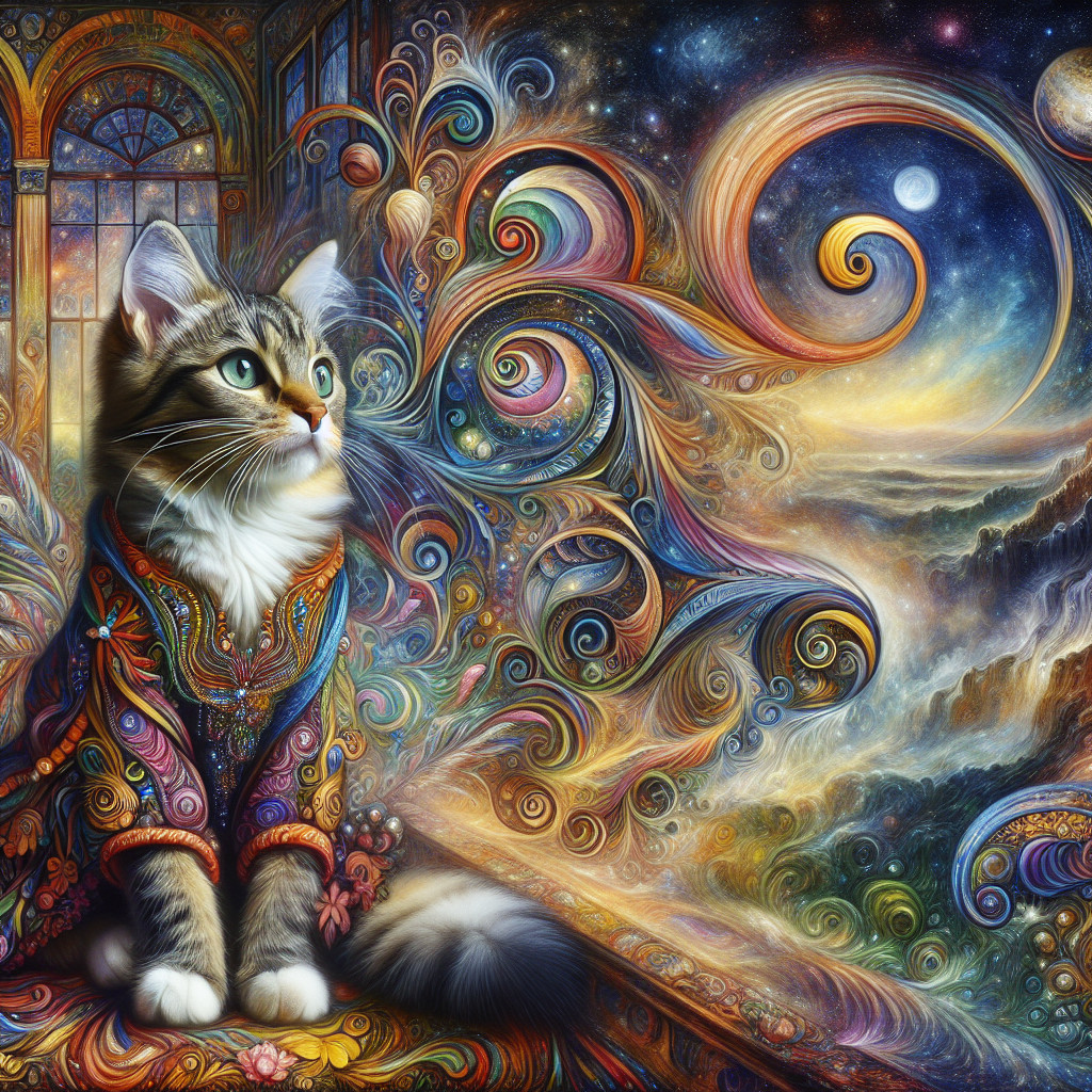 Majestic Cat in Colorful Cosmic Landscape Scene