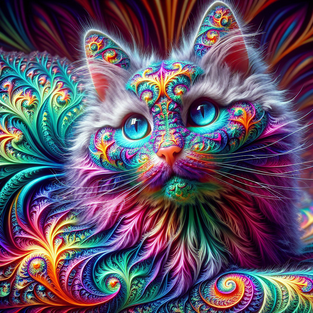 Psychedelic Cat with Colorful Fractal Patterns