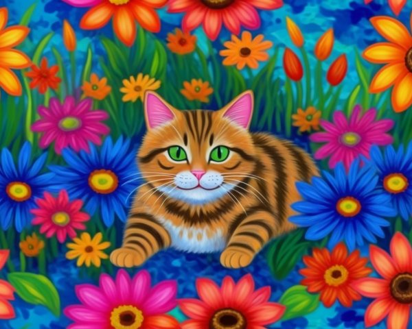 Striped Orange Cat Surrounded by Colorful Flowers