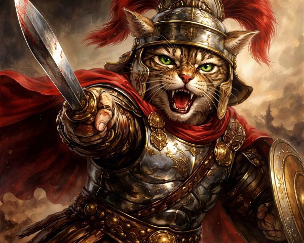 Digital Painting of a Tabby Cat in Roman Armor