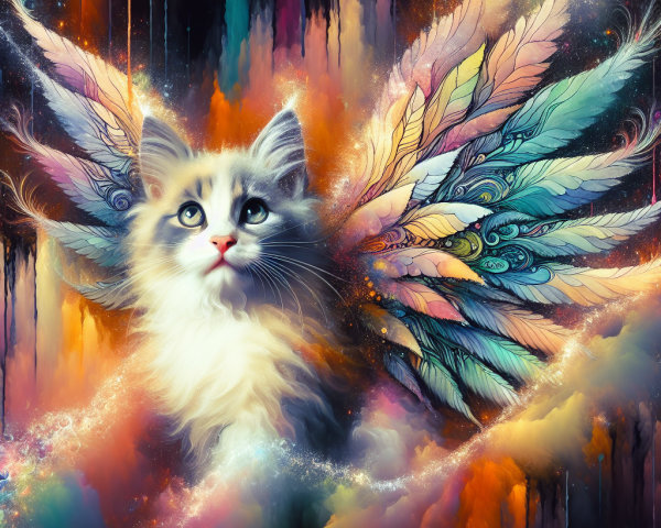 Whimsical Cat with Colorful Wings in Dreamy Background