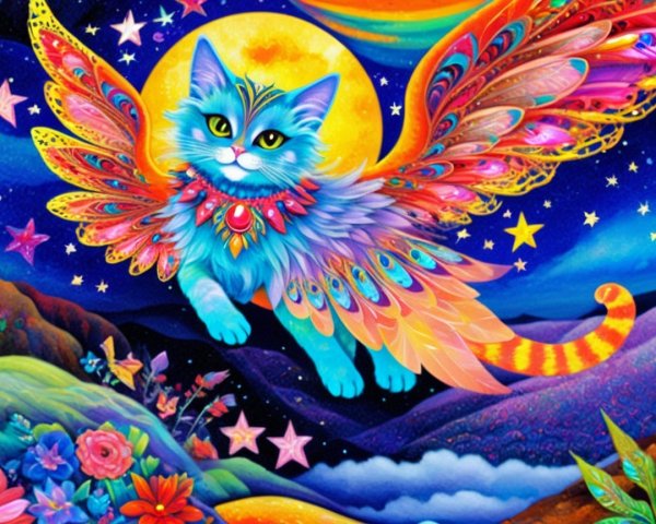 Colorful Flying Cat with Rainbow Wings and Moon