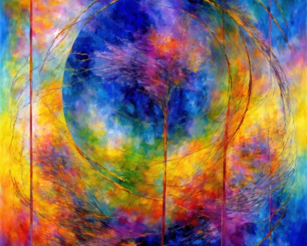 Vibrant Abstract Painting with Colorful Swirls and Trees