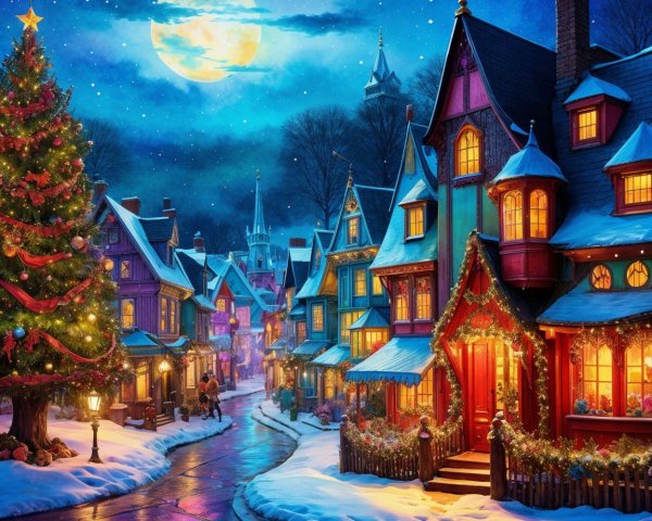 Snowy Village Scene with Colorful Holiday Decorations