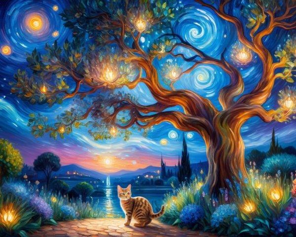 Majestic tree with lanterns and serene twilight lake