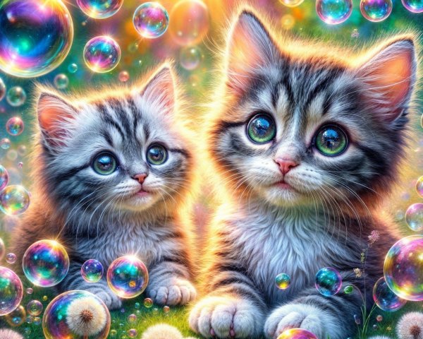 Kittens in a Whimsical Scene with Bubbles and Sunlight