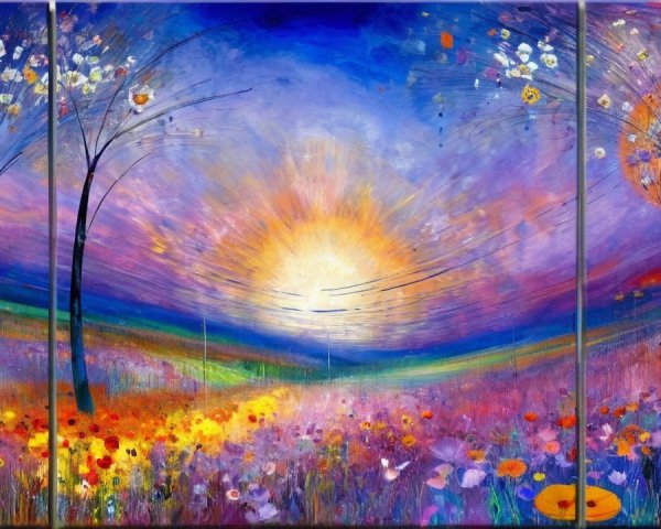 Vibrant Sunset Landscape in Three Panels