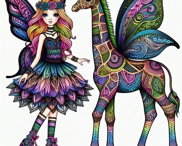 Colorful Fairy and Fantastical Giraffe Scene
