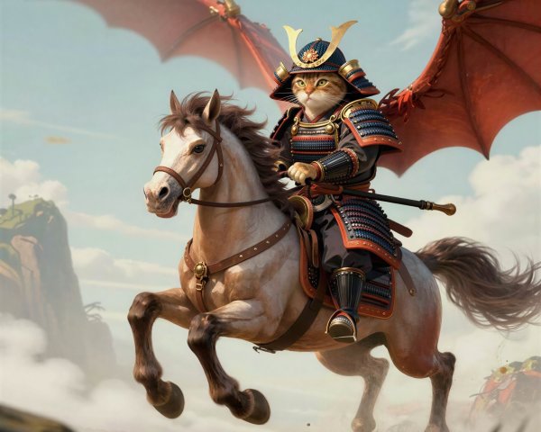 Adventurer Cat in Samurai Armor on Galloping Horse
