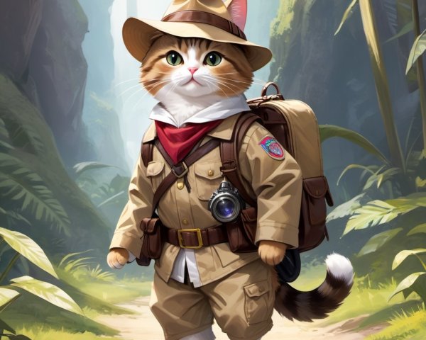 Playful Cat Explorer in Lush Jungle Setting