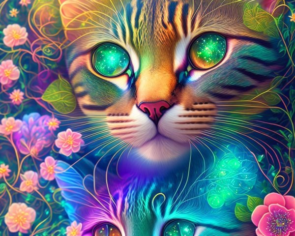Colorful Illustration of Cats with Galaxy Eyes