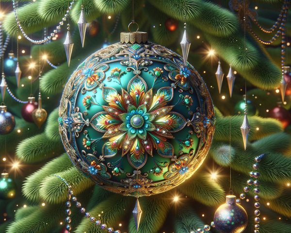 Turquoise and Gold Floral Christmas Ornament on Tree