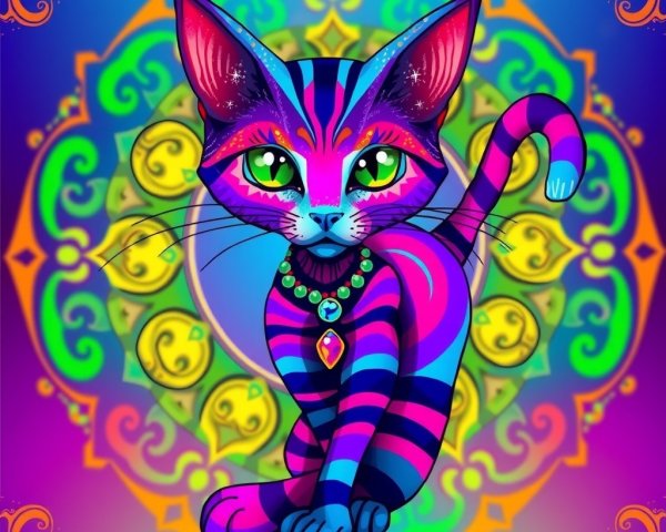 Vibrant Cat with Blue and Pink Stripes in Mandala Art