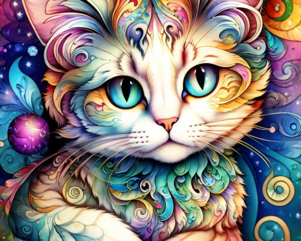 Whimsical Cat Illustration with Turquoise Eyes