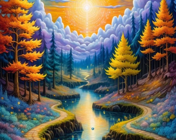 Vibrant dreamlike landscape with winding river and path