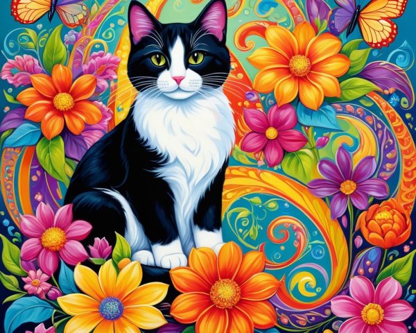 Black and white cat among vibrant blooming flowers