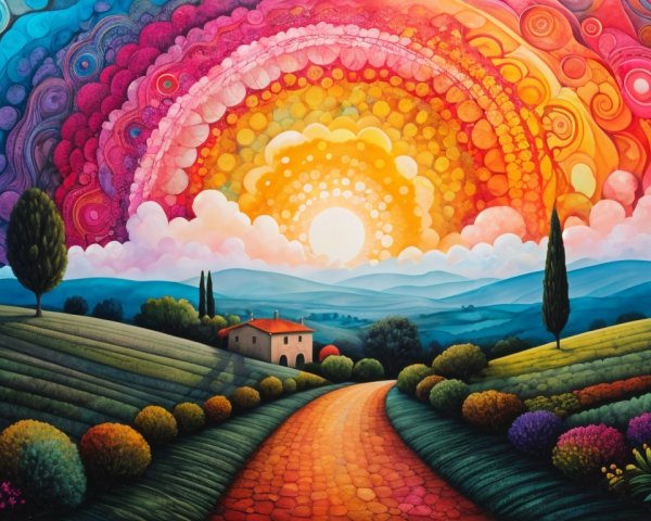 Vibrant Landscape with Winding Road and Sunset Sky