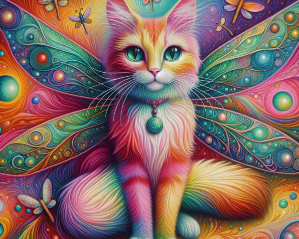 Vibrant Cat with Butterfly Wings in Dreamlike Setting