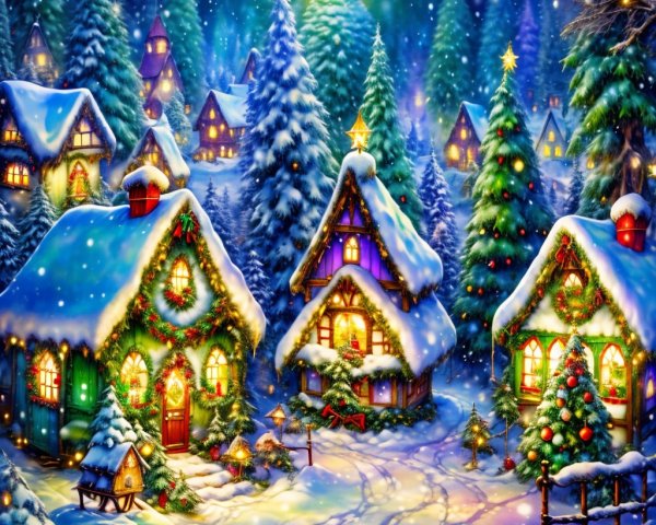 Winter Village with Snowy Cottages and Evergreen Trees