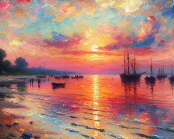 Vibrant Sunset Over Water with Silhouetted Sailboats