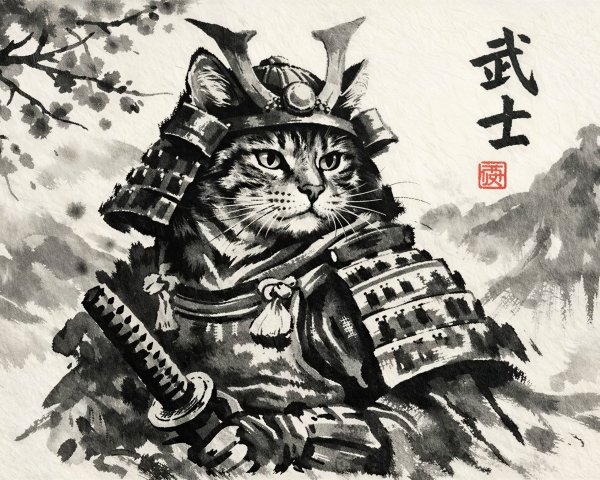 Black and White Ink Wash of Cat Samurai Warrior