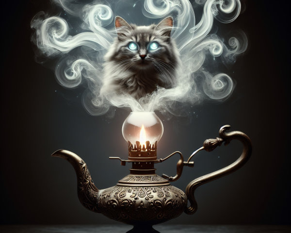 Vintage oil lamp with smoke forming a cat's head