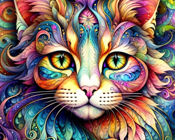 Colorful Cat Face Illustration with Floral Elements