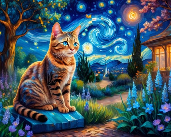 Tabby Cat on Platform Amidst Flowers and Starry Sky
