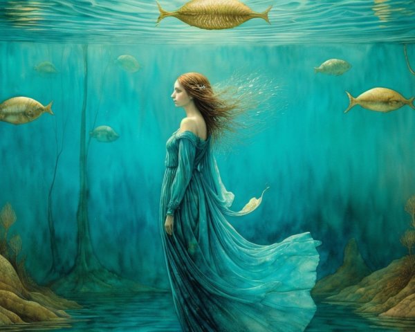 Underwater Scene with Woman in Blue Gown and Fish