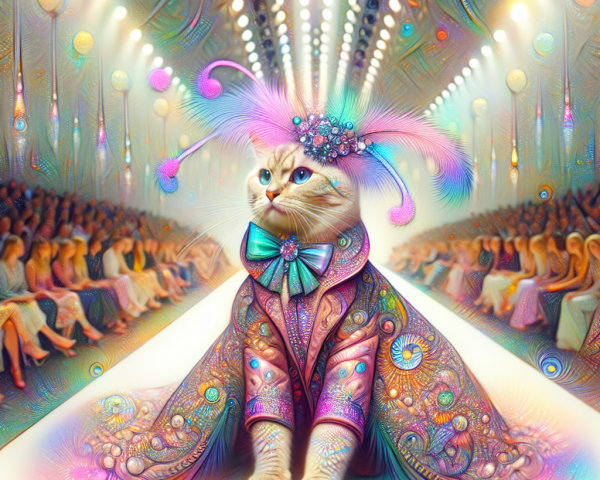 Regal Cat on Fashion Runway in Colorful Outfit