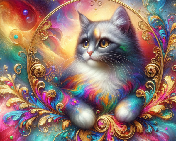 Stylized Cat Surrounded by Cosmic Colorful Design