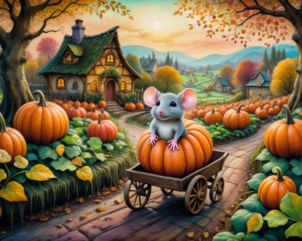 Cheerful Mouse on Pumpkin in Autumn Landscape